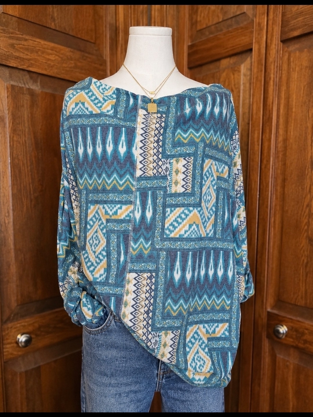 Cato Teal Patchwork Print Tunic Top
